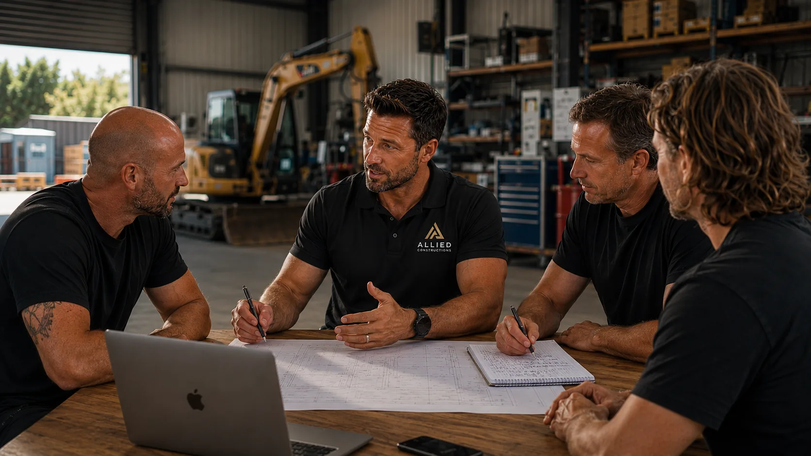 The Allied Construction crew working through plans over the blueprints table