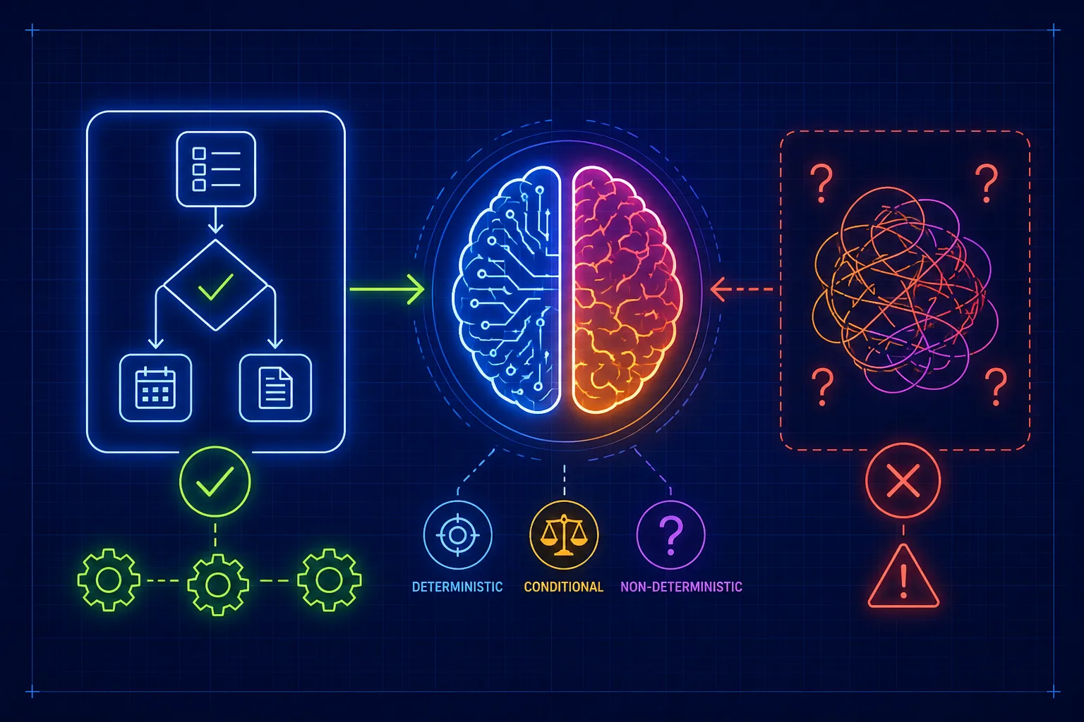Blueprint diagram contrasting a deterministic workflow with a non-deterministic AI brain