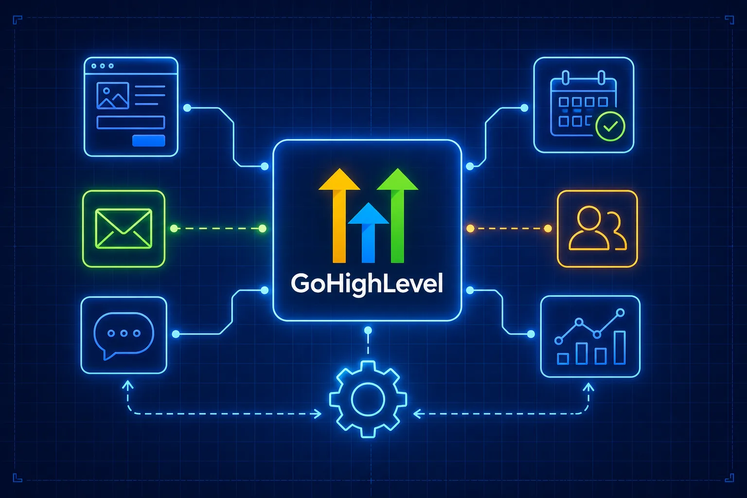 Blueprint diagram of Go HighLevel as a central hub wired to email, SMS, booking, CRM and review features