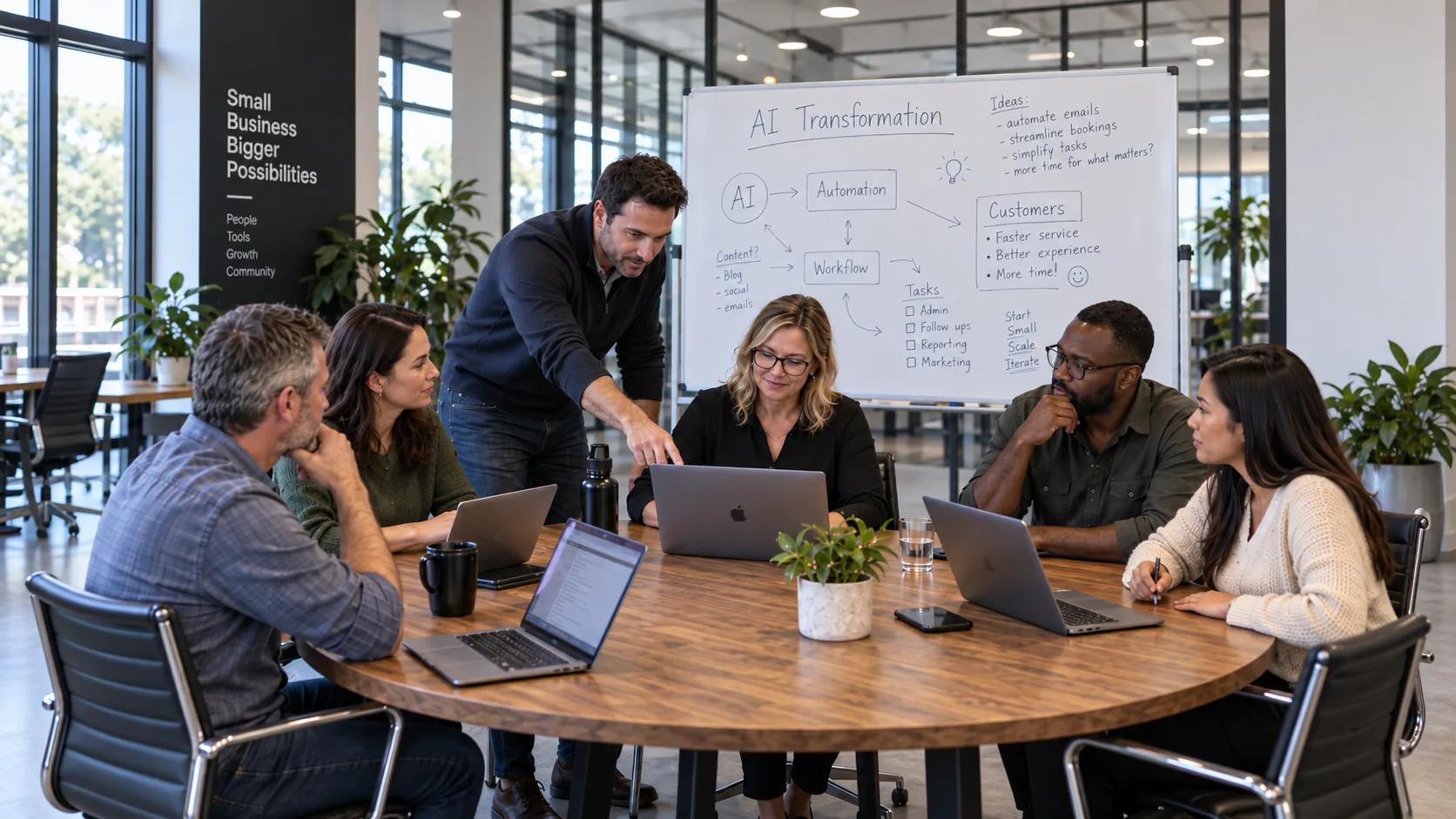 A leadership team around a boardroom table working through an AI transformation plan on the whiteboard