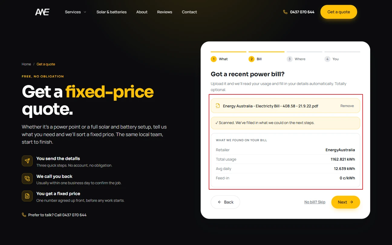The AWE quote form reading a customer's uploaded power bill