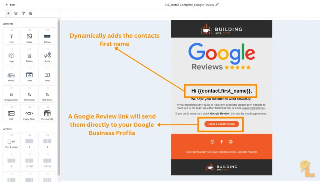 An automated Google review request email