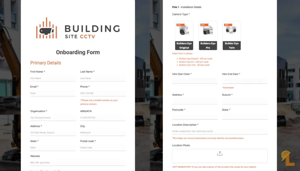The Building Site CCTV onboarding form capturing contact and pole details