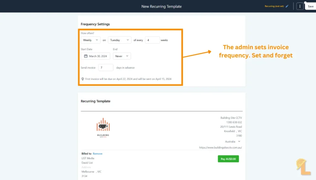 A recurring monthly hire invoice set up to send automatically
