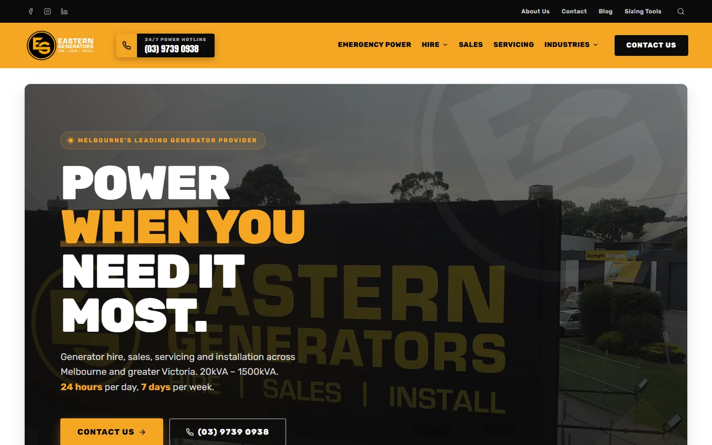 Eastern Generators website homepage on desktop