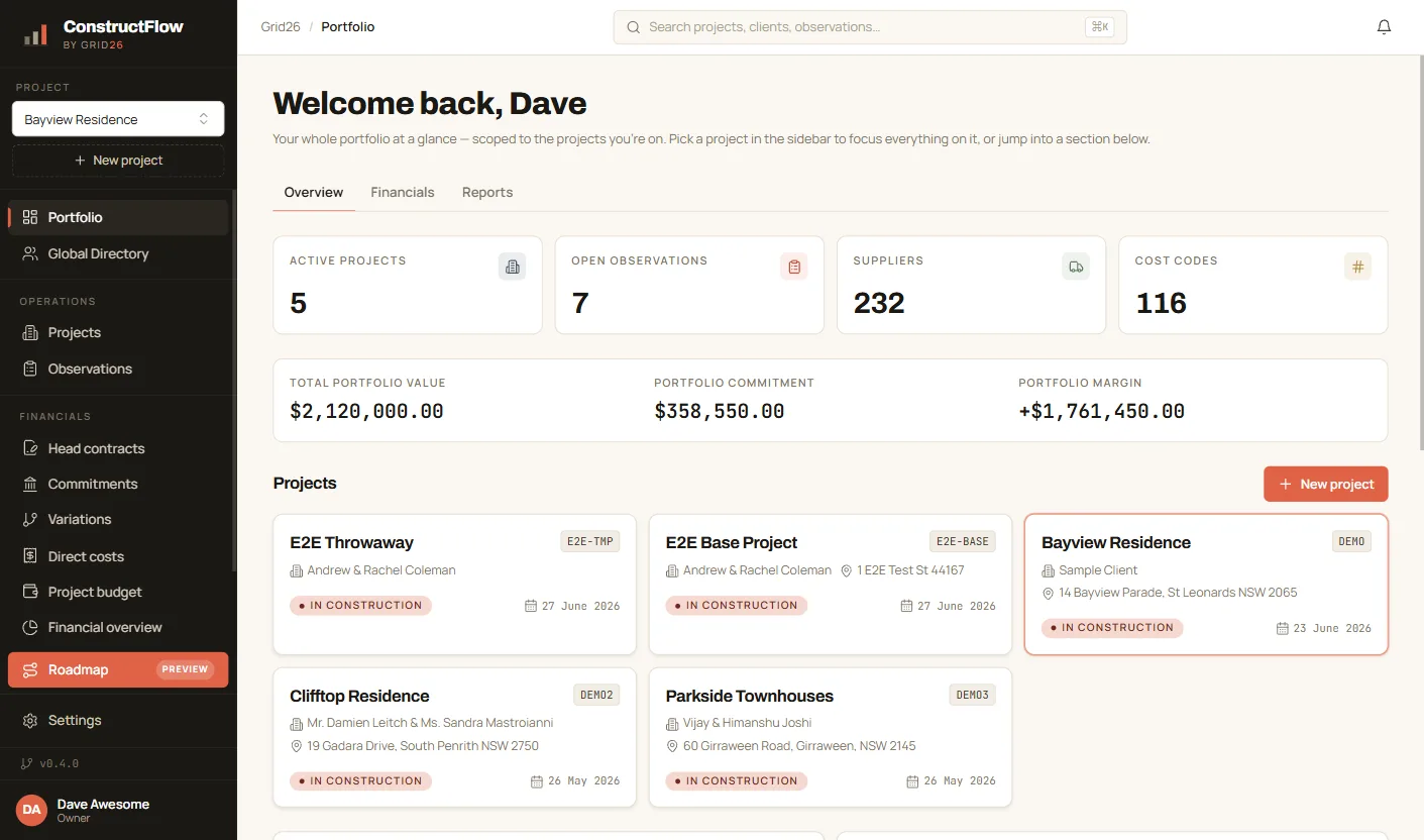 The Construct Flow app on desktop, the main workspace for running a construction job