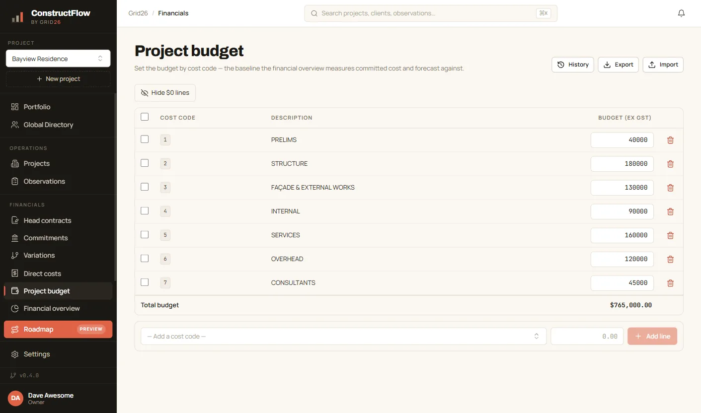 Construct Flow budget tracking, showing line items and committed costs for a construction job