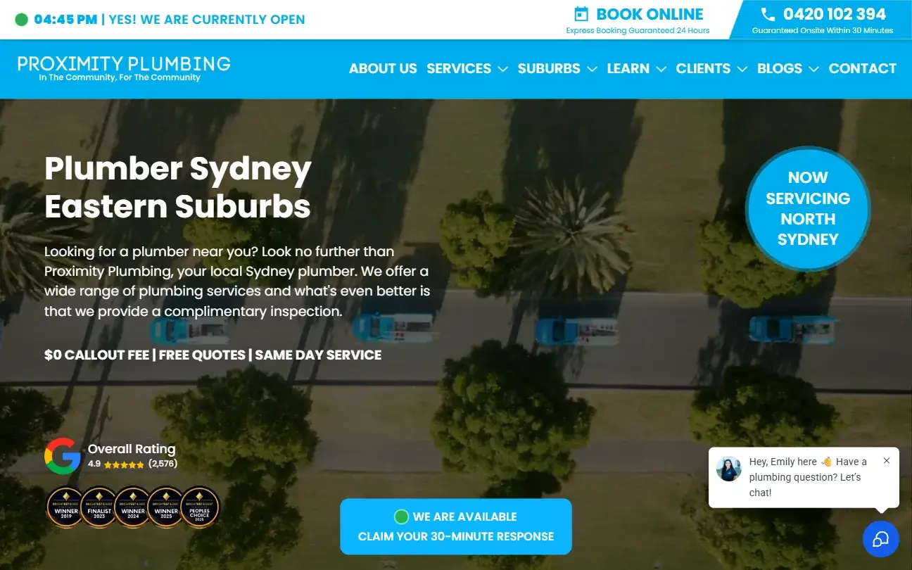 Proximity Plumbing's existing site, with the web chat widget we added