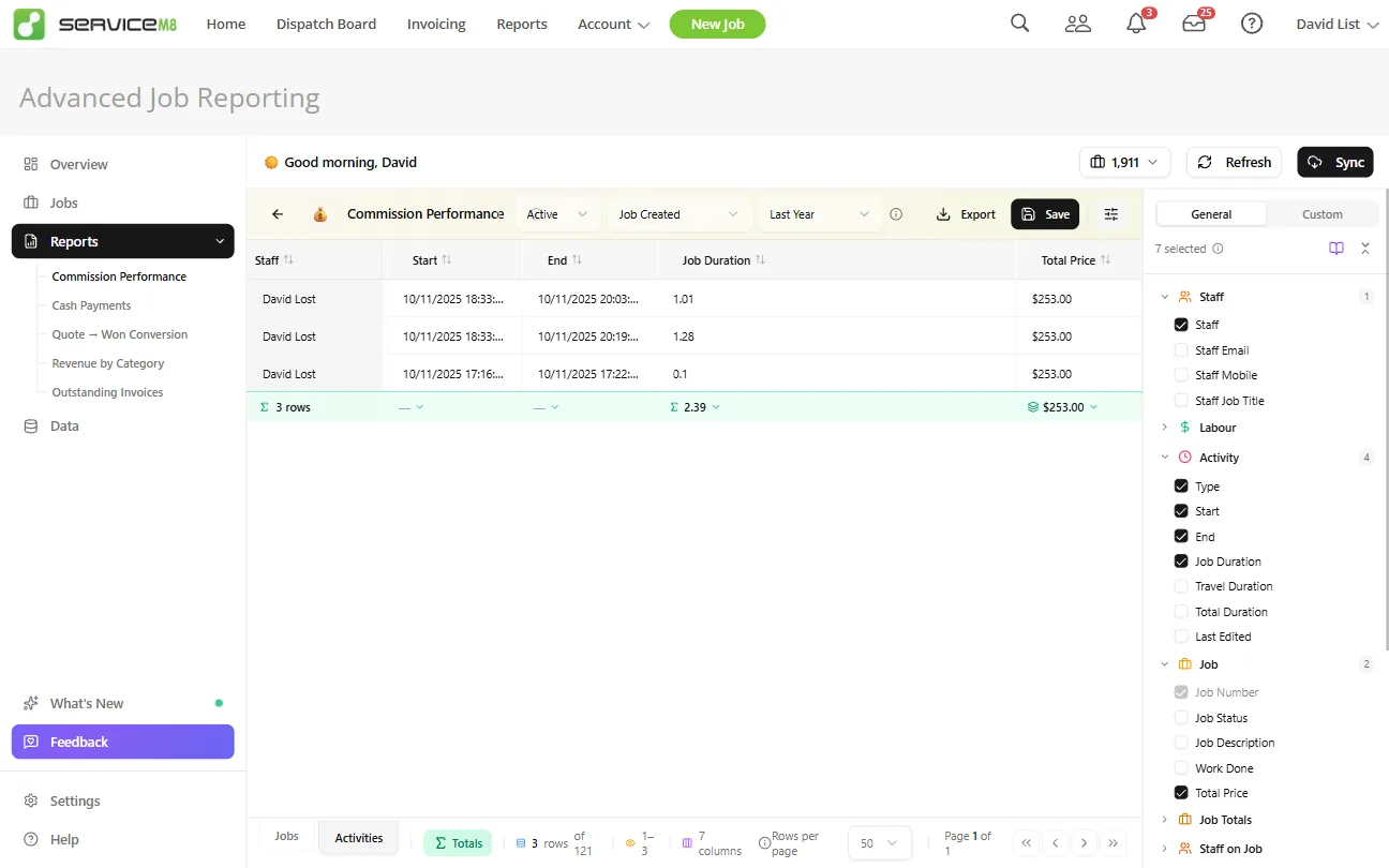 The activities view, breaking a job's scheduled activities down for time tracking