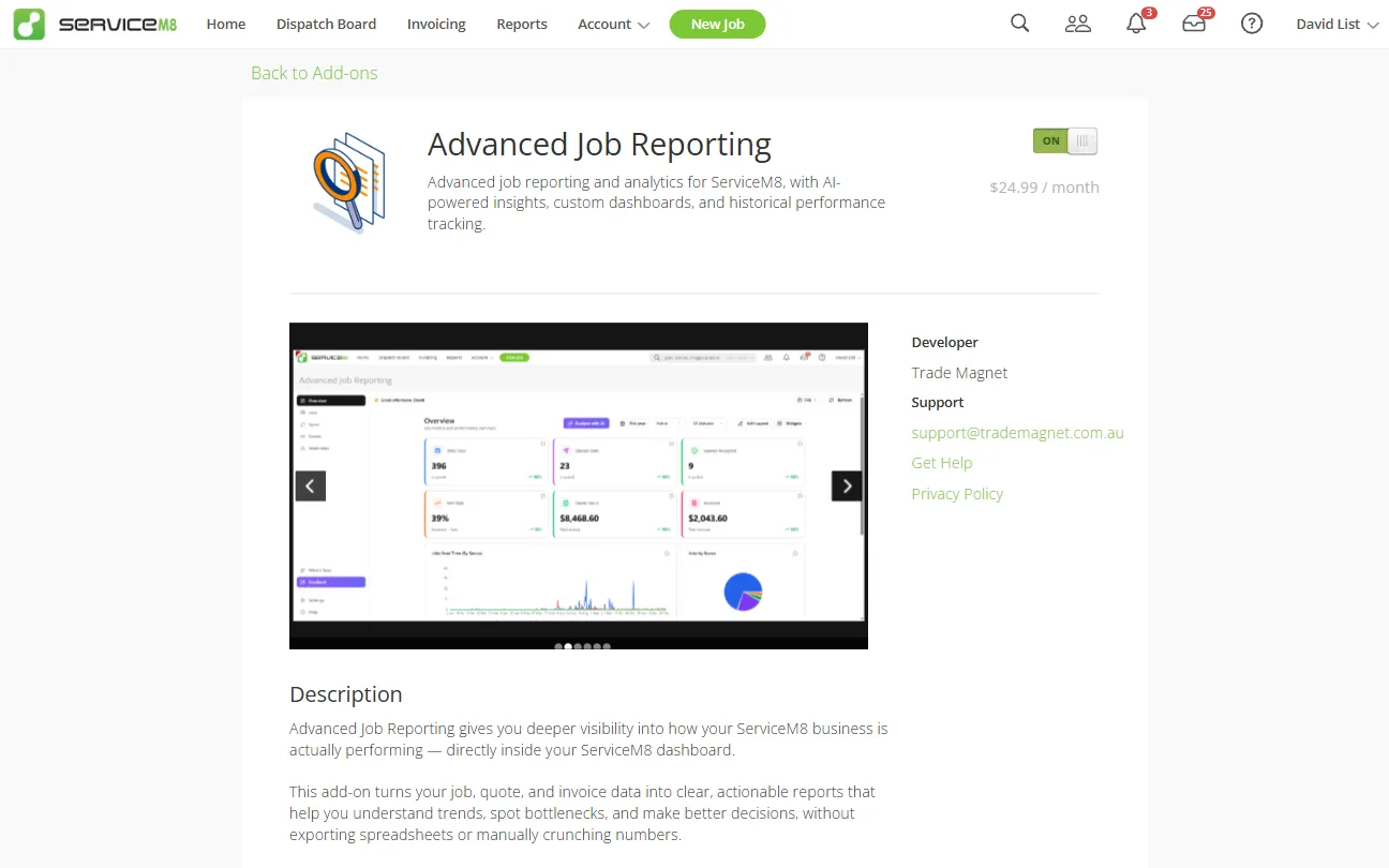 The Advanced Job Reporting listing in the ServiceM8 add-on store, by Trade Magnet