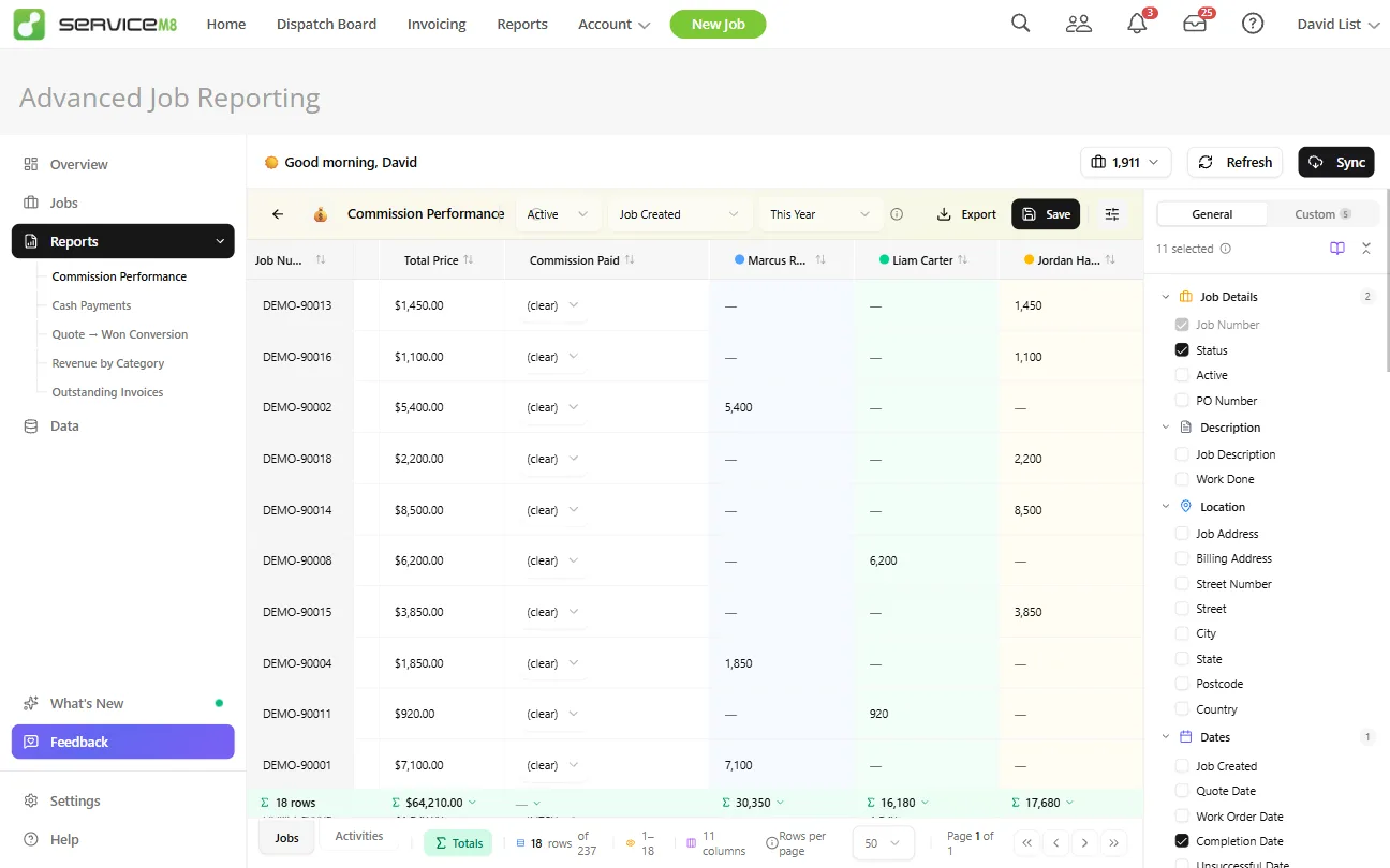 The custom report builder, with selectable fields and calculated columns in a spreadsheet layout