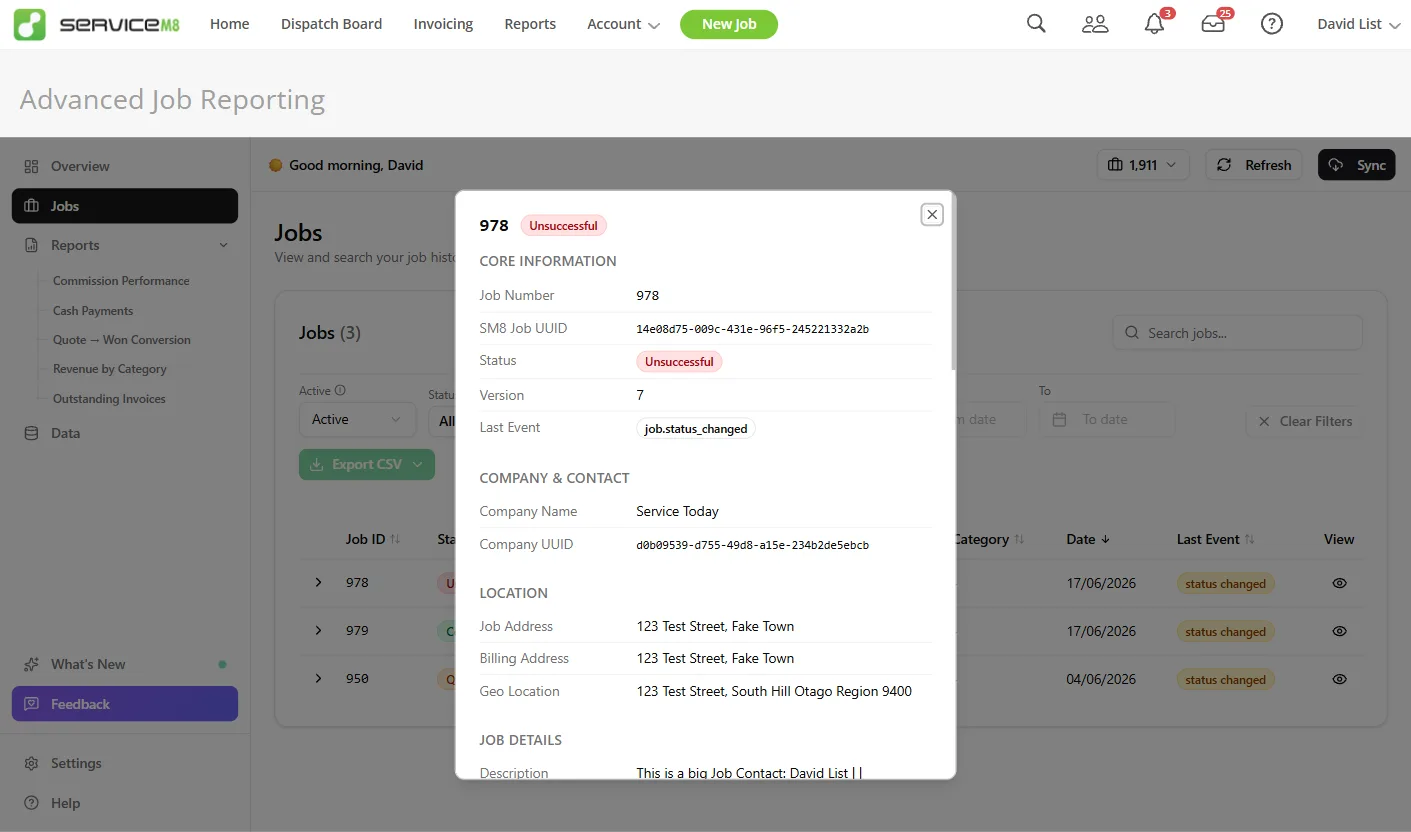 The job history view, showing status changes over time and the full underlying data object