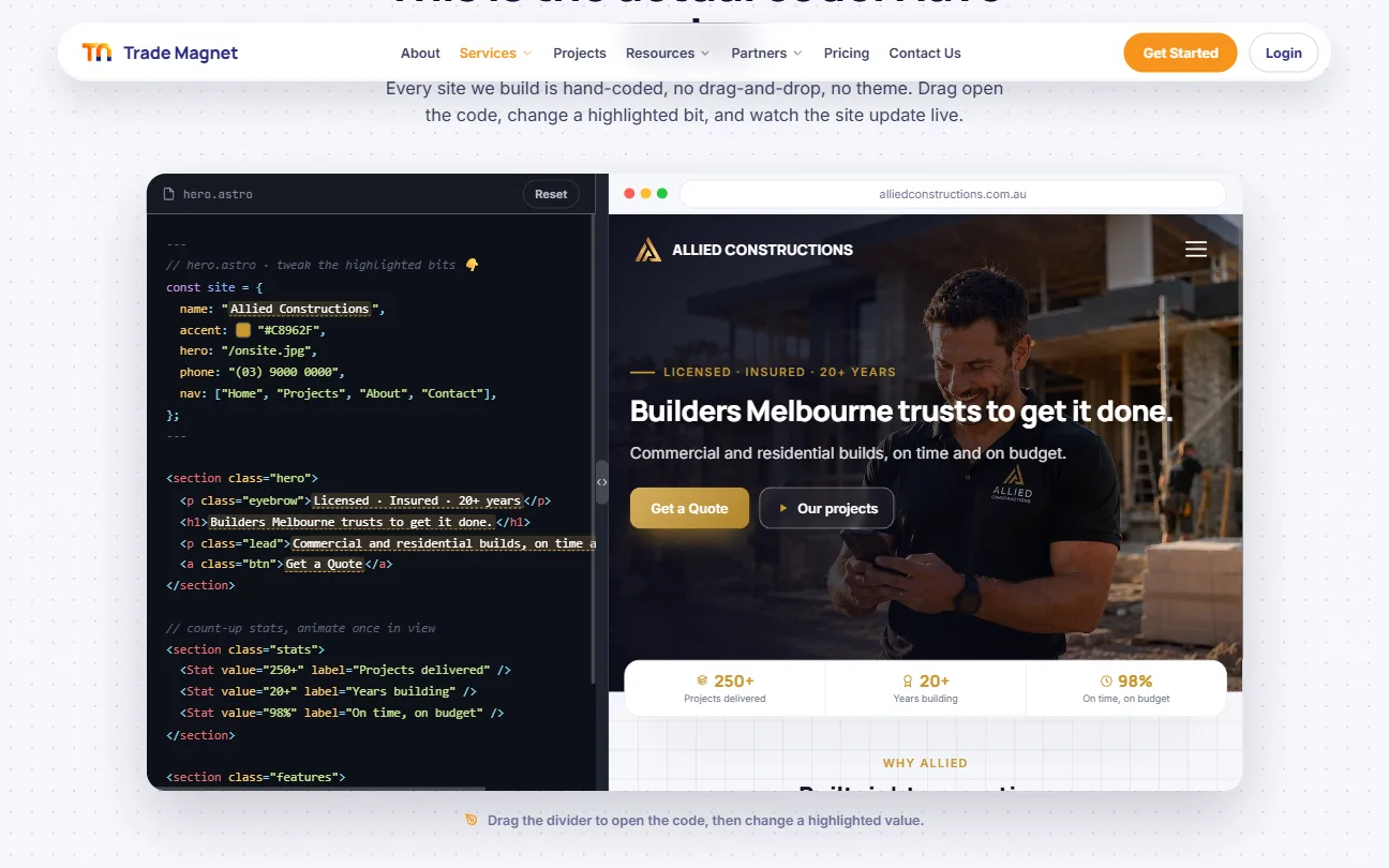 The Trade Magnet site builder, showing a hand-coded block next to the rendered page