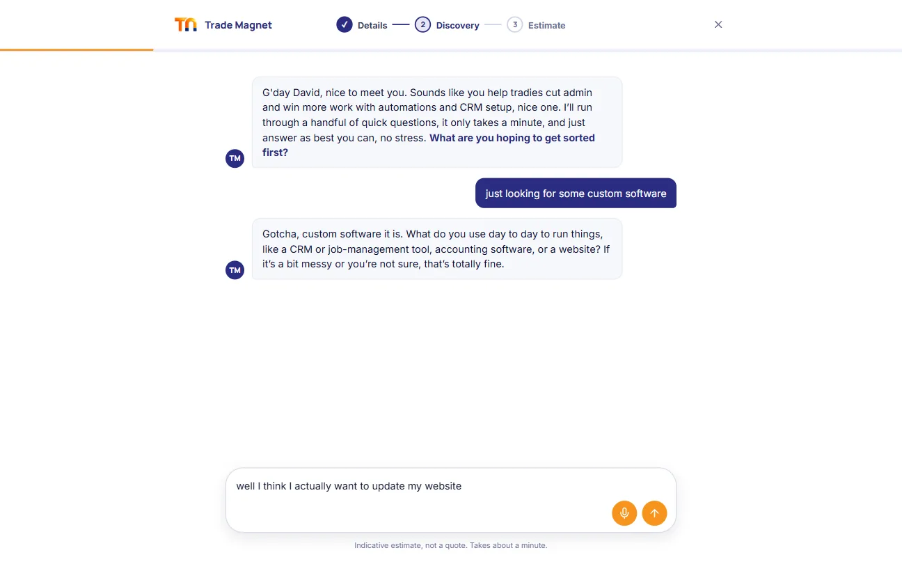 The Trade Magnet instant estimate chatbot walking a visitor through a guided estimate