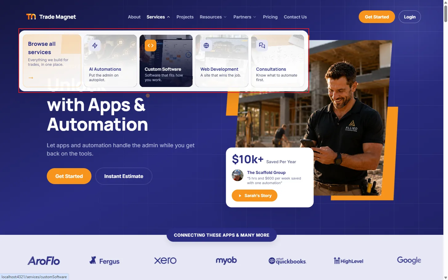 The Trade Magnet services mega menu open, showing every service in one panel