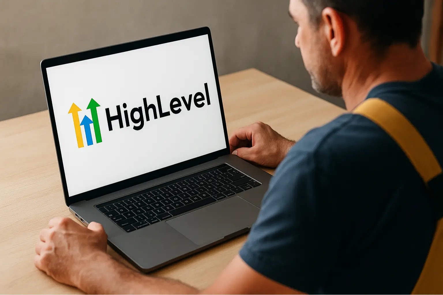 Tradie using a GoHighLevel CRM pipeline on a laptop