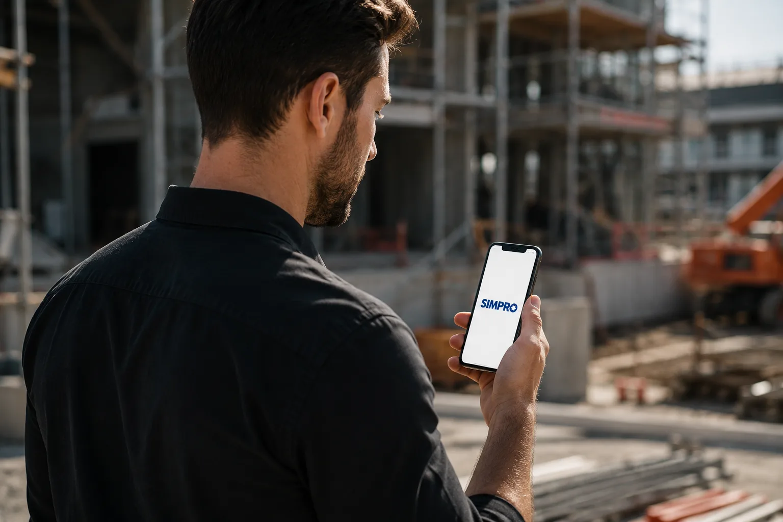 Tradie on a construction site opening the Simpro app on his phone
