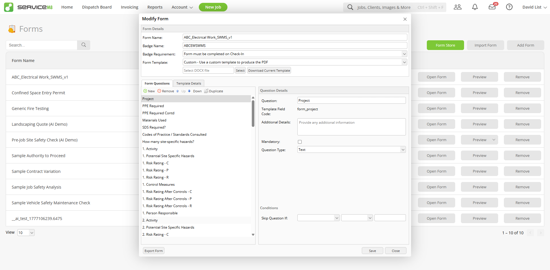 Modify Form dialog, Form Name, Badge Name, Badge Requirement dropdown, Form Template