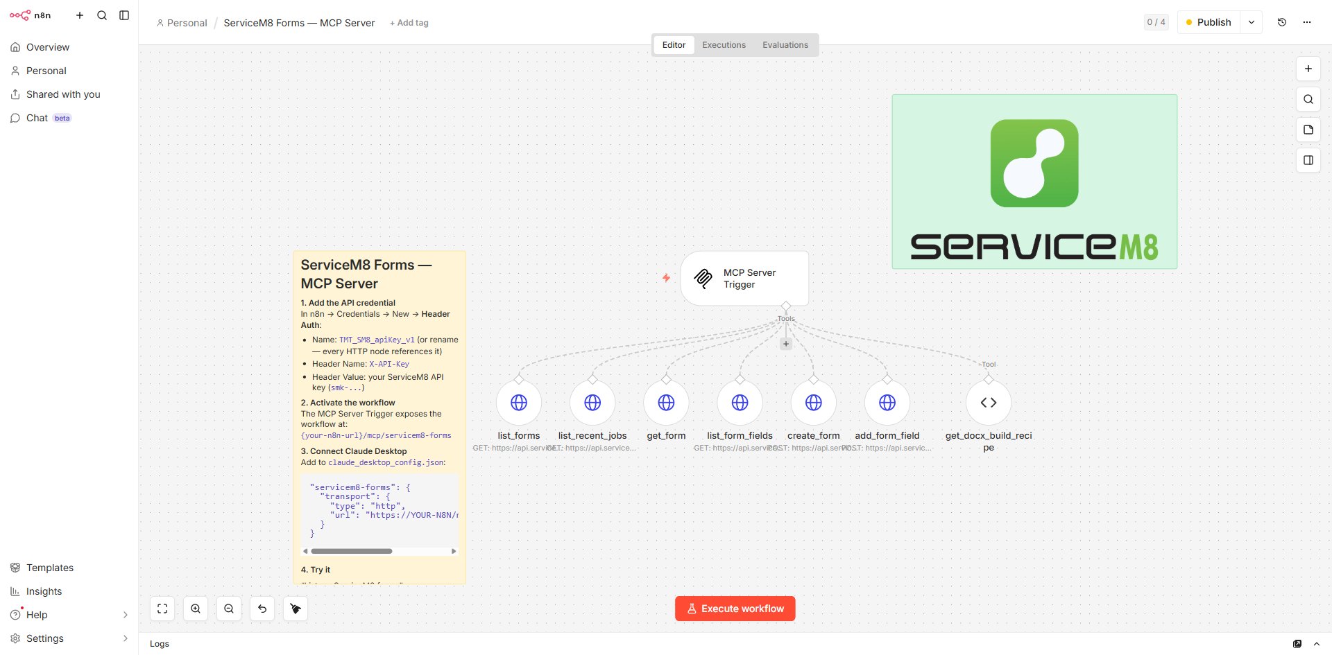 The ServiceM8 Forms MCP server workflow open in n8n, showing the MCP trigger and the seven tool nodes wired to ServiceM8 API endpoints