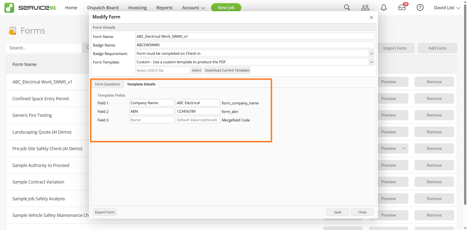 The Template Details tab of a ServiceM8 form showing custom Template Fields with field labels and the matching mergefield codes